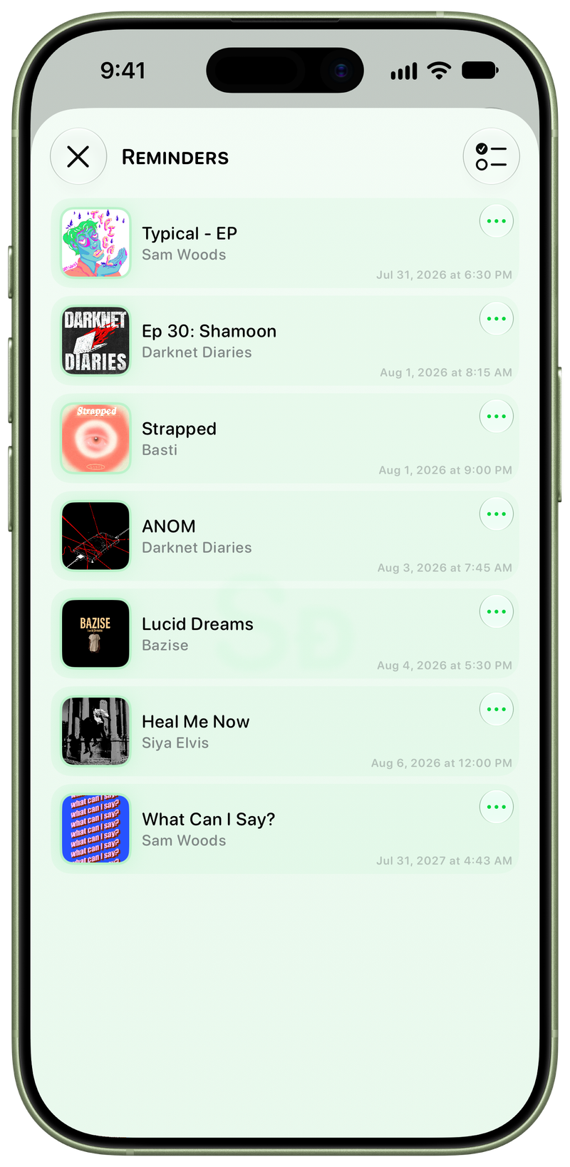 Shared on iPhone 17 showing Reminders in the Green tint, light appearance.