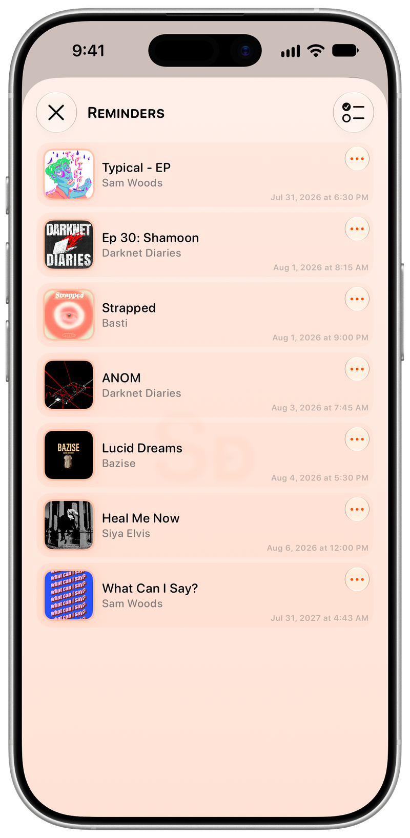 Shared on iPhone 17 showing Reminders in the Orange tint, light appearance.