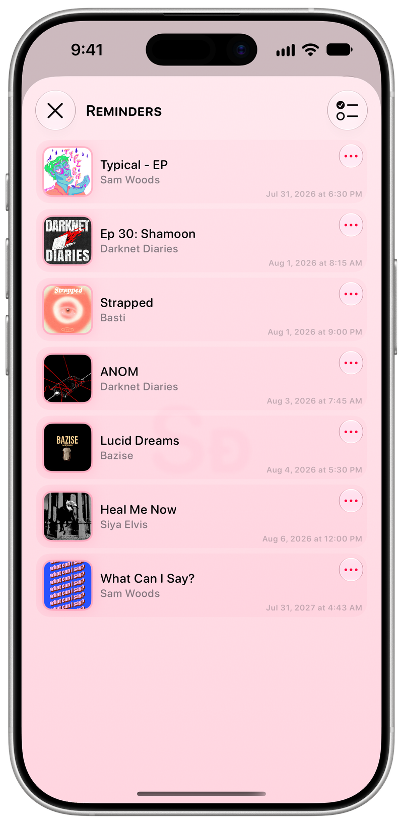 Shared on iPhone 17 showing Reminders in the Pink tint, light appearance.