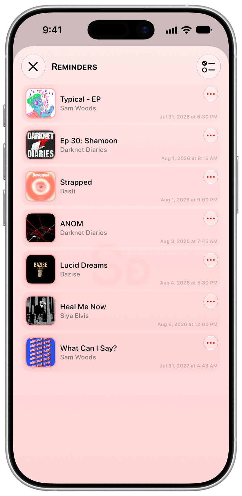 Shared on iPhone 17 showing Reminders in the Red tint, light appearance.