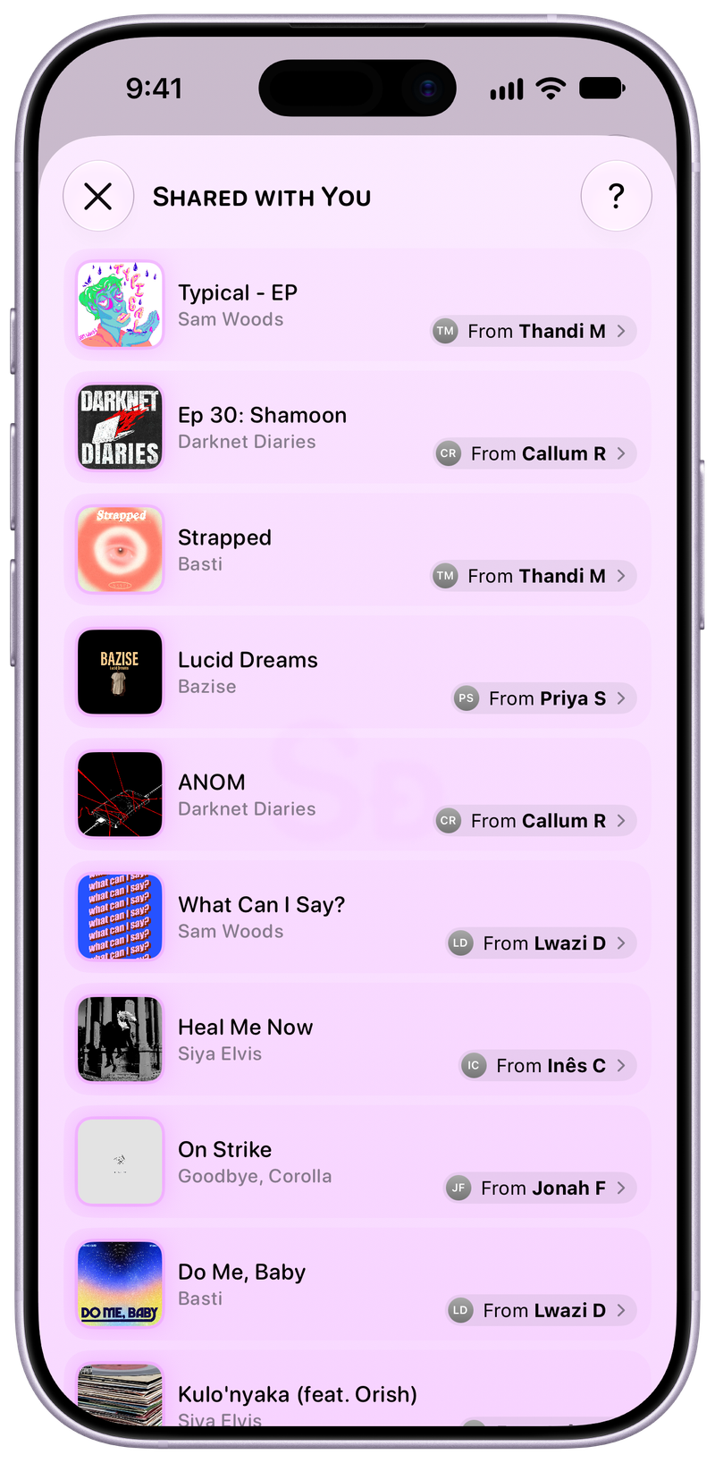 Shared on iPhone 17 showing Shared with You in the Purple tint, light appearance.