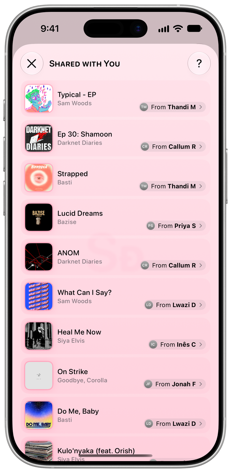 Shared on iPhone 17 showing Shared with You in the Pink tint, light appearance.