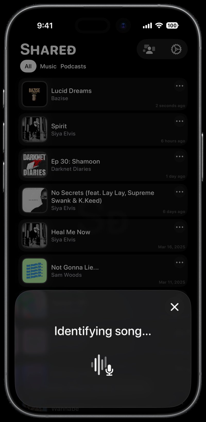 Shared iPhone 17 Black Song ID Identifying Grey Dark press image.