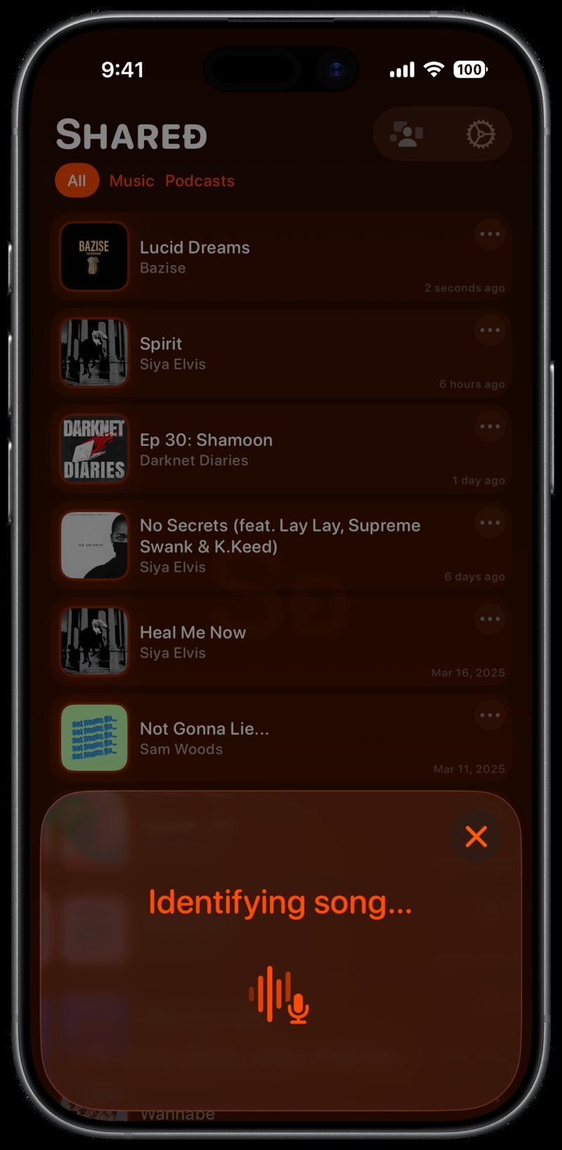 Shared iPhone 17 Black Song ID Identifying Orange Dark press image.