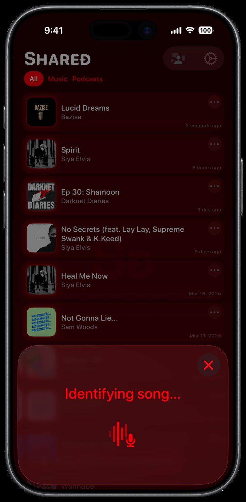 Shared iPhone 17 Black Song ID Identifying Red Dark press image.
