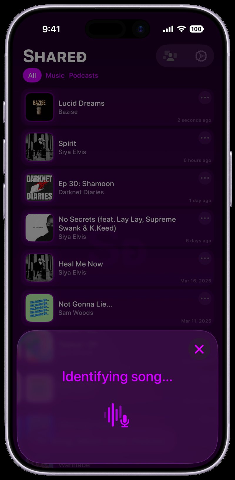 Shared iPhone 17 Lavender Song ID Identifying Purple Dark press image.