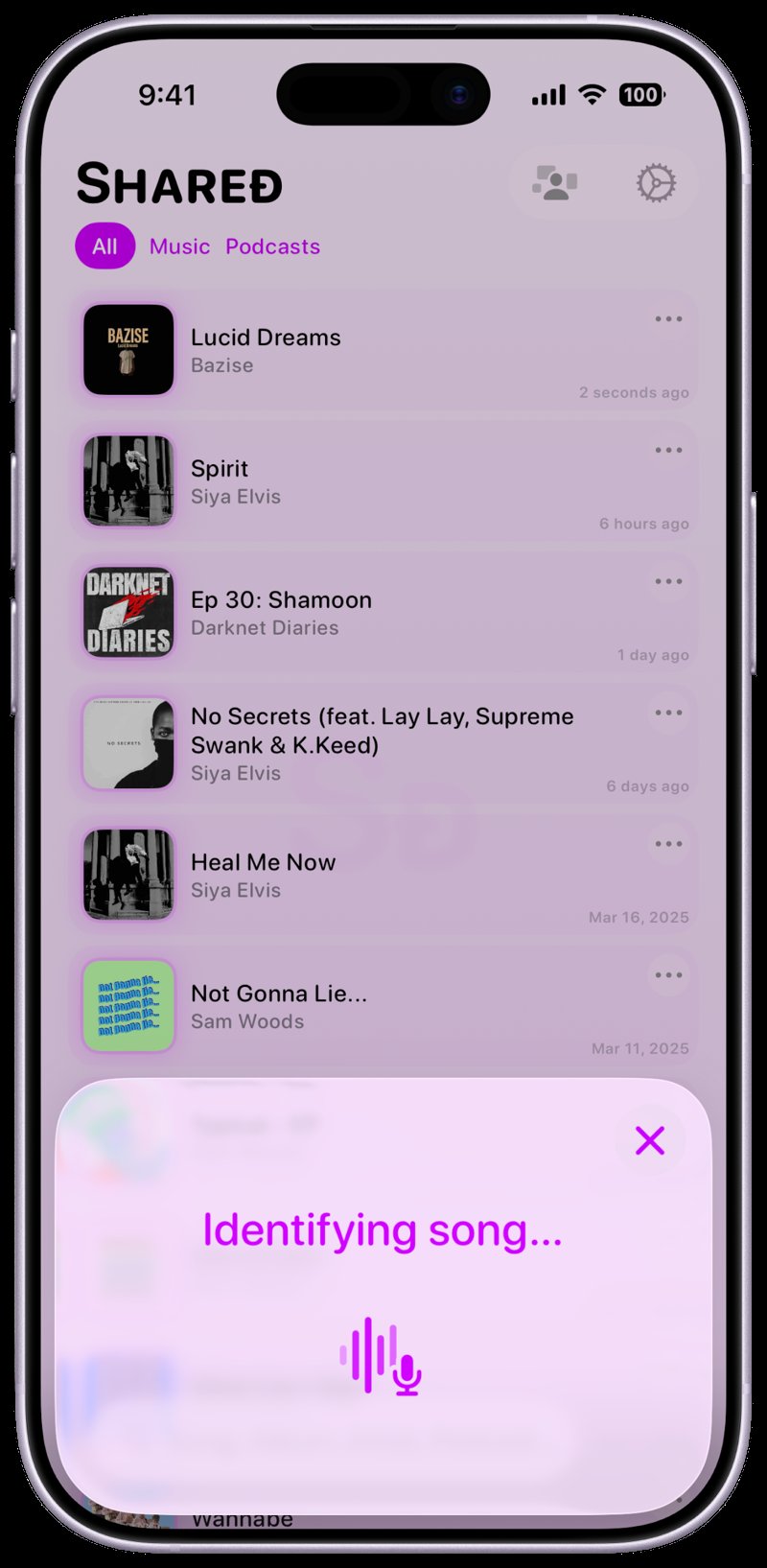 Shared iPhone 17 Lavender Song ID Identifying Purple Light press image.