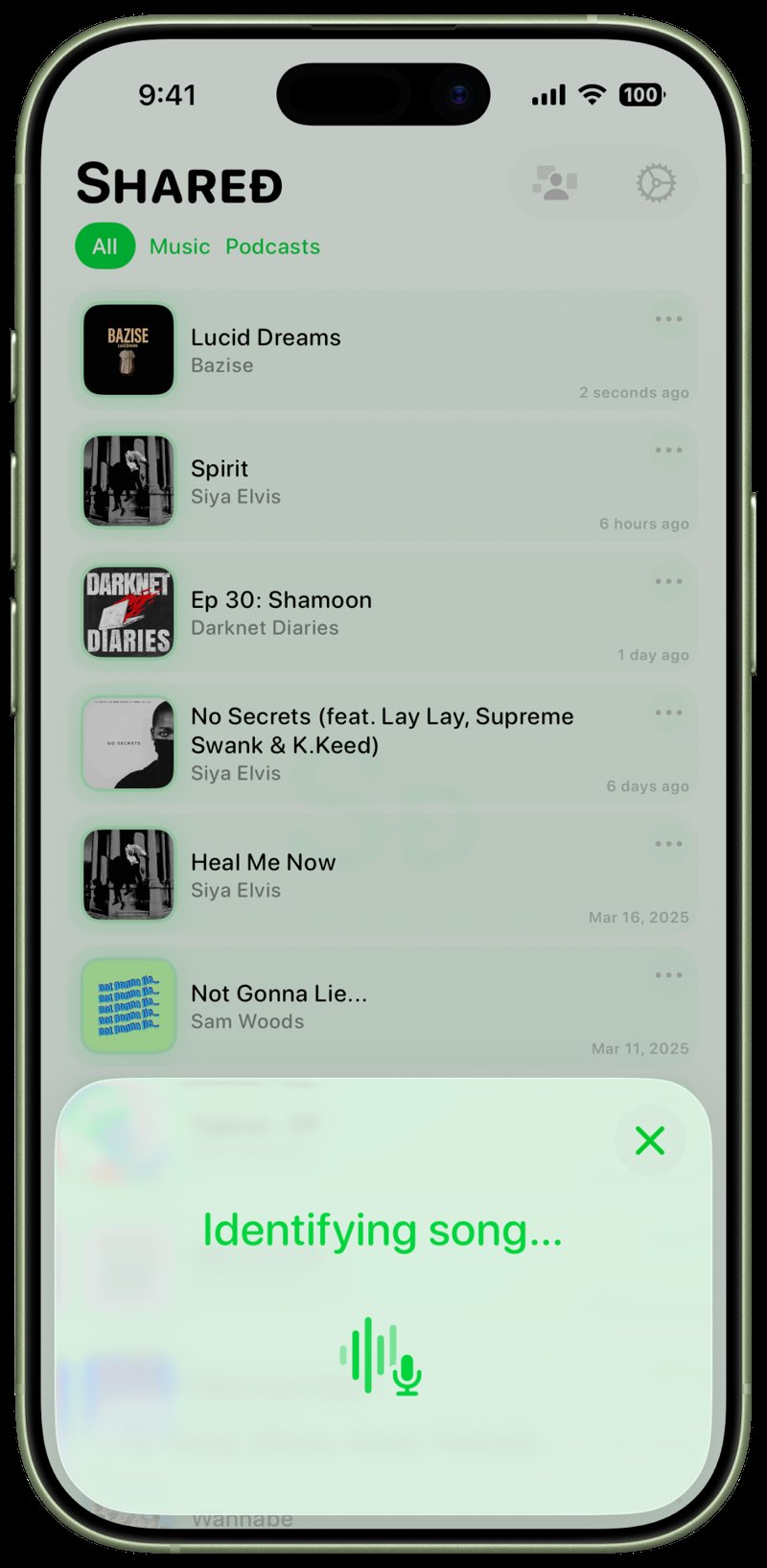 Shared iPhone 17 Sage Song ID Identifying Green Light press image.
