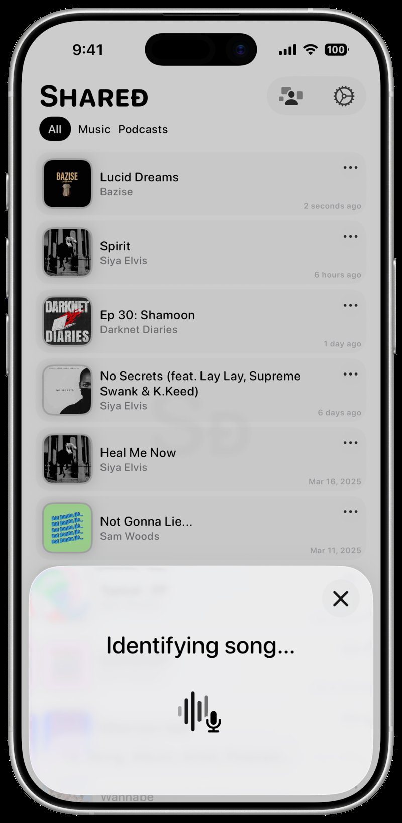 Shared iPhone 17 White Song ID Identifying Grey Light press image.