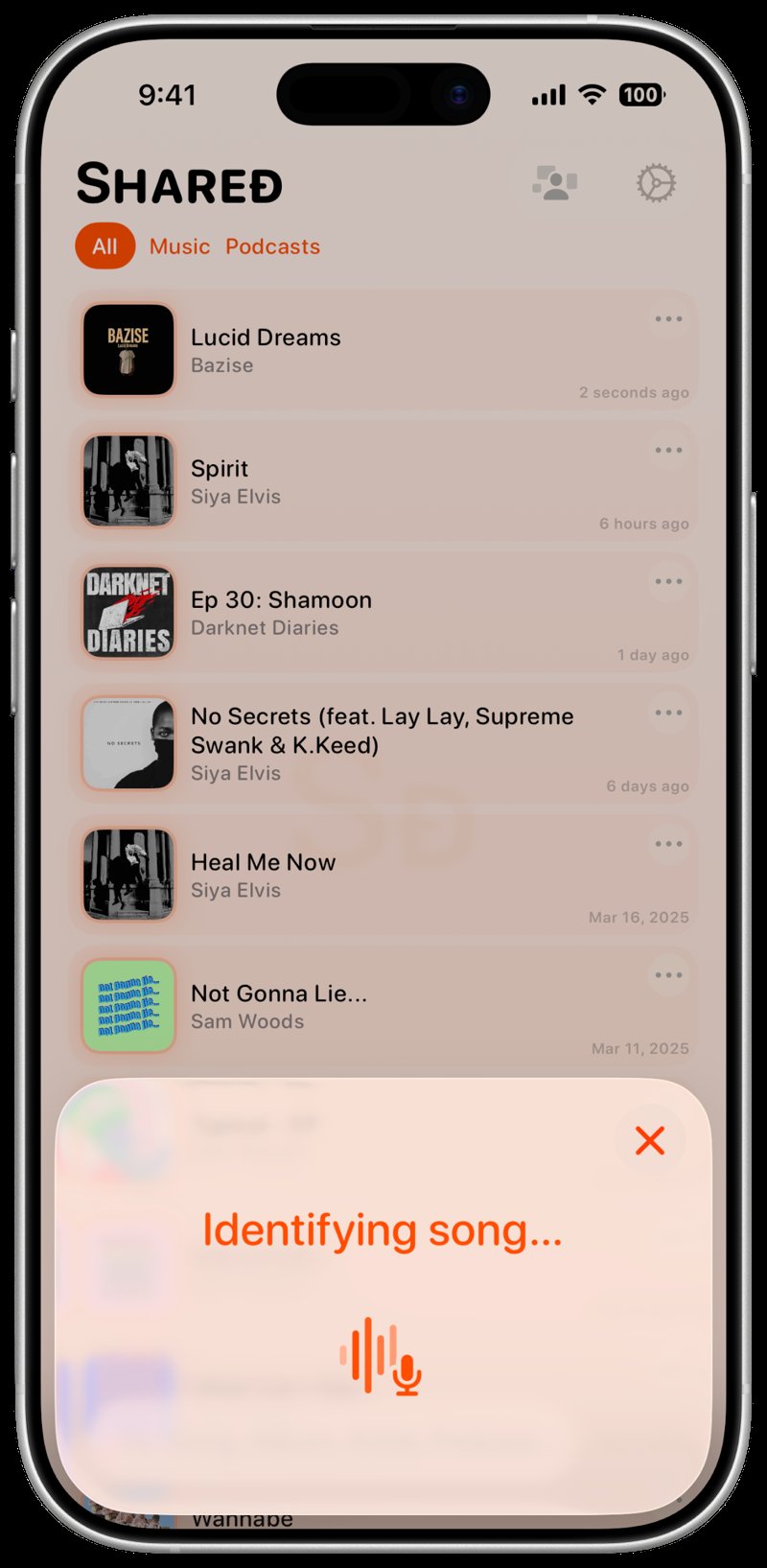 Shared iPhone 17 White Song ID Identifying Orange Light press image.