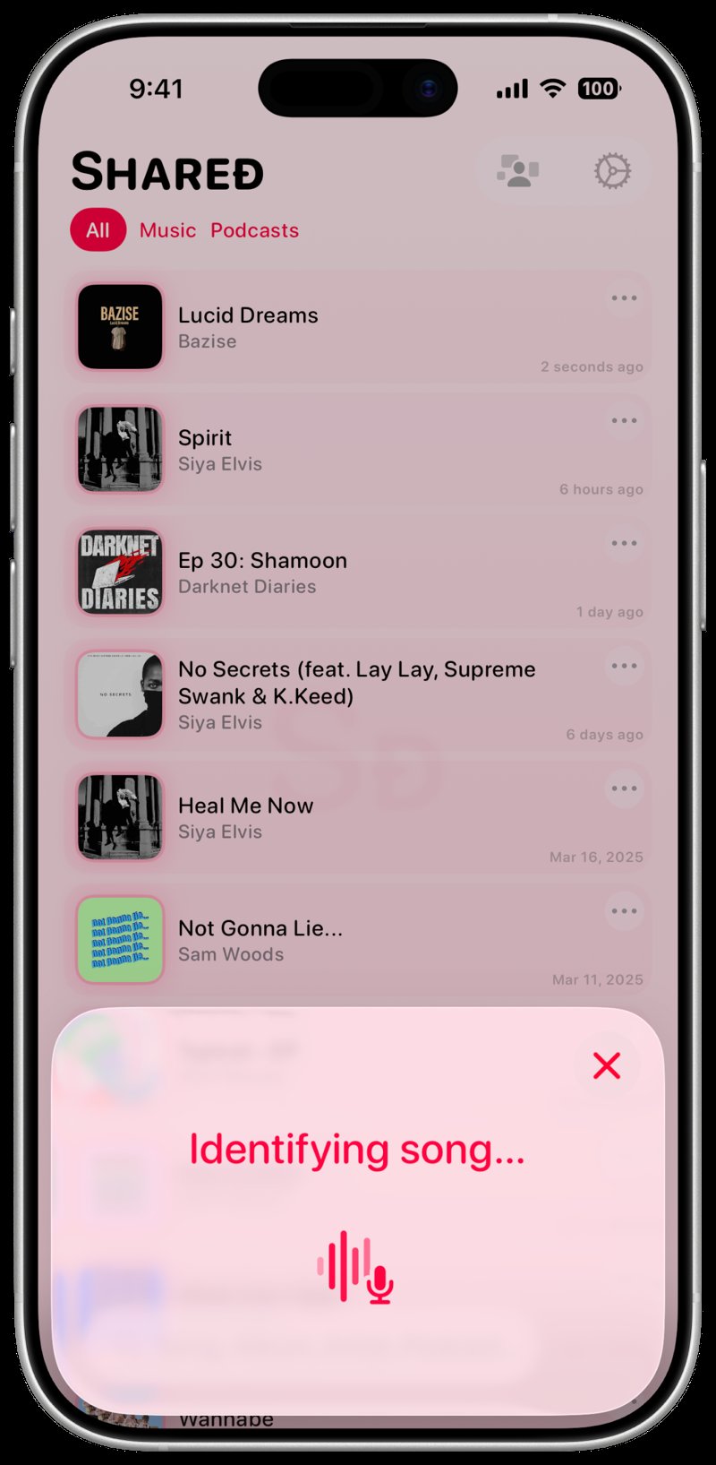 Shared iPhone 17 White Song ID Identifying Pink Light press image.
