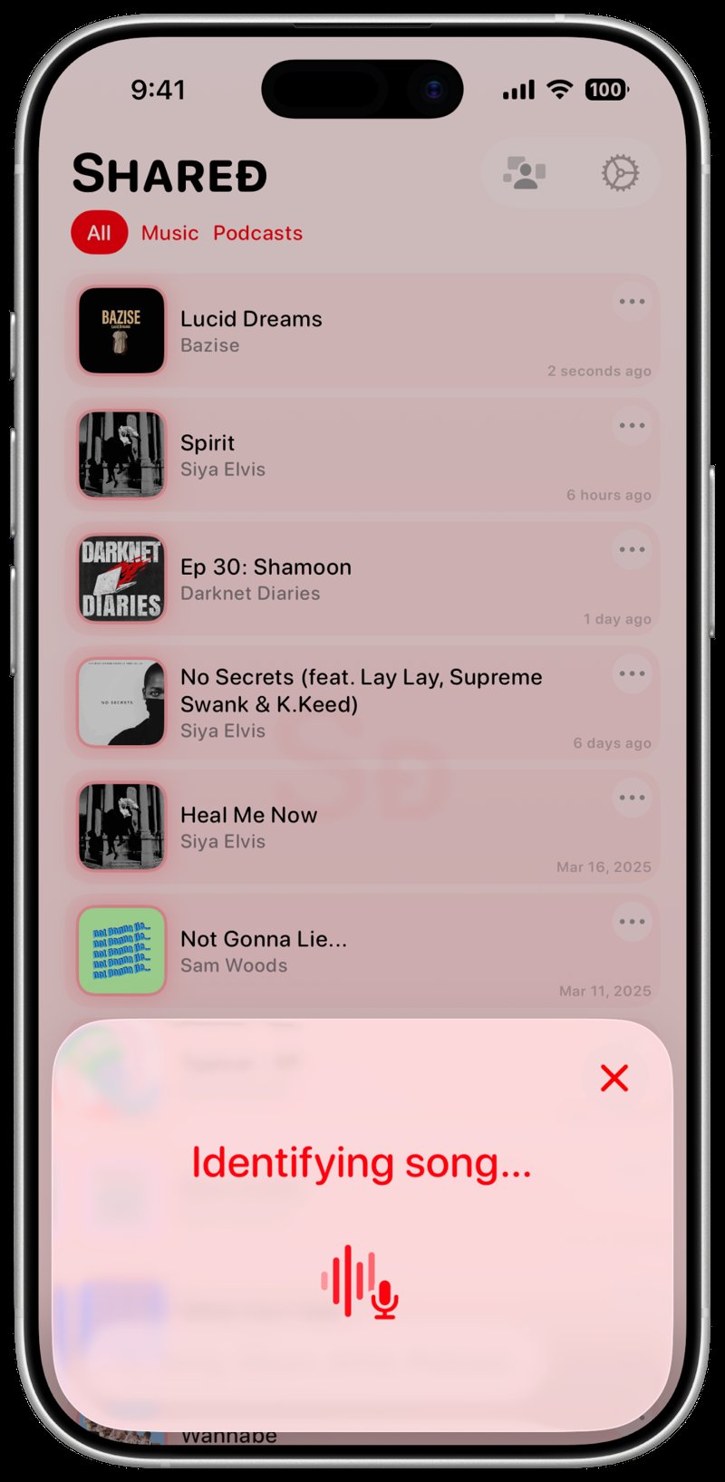 Shared iPhone 17 White Song ID Identifying Red Light press image.