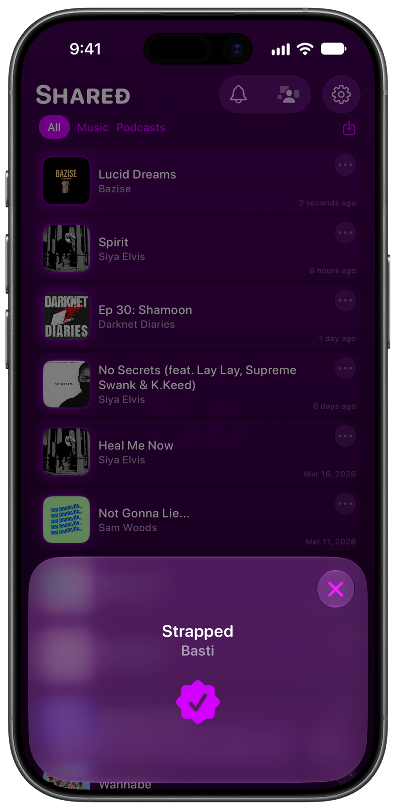 Shared on iPhone 17 showing Successful Match in the Purple tint, dark appearance.