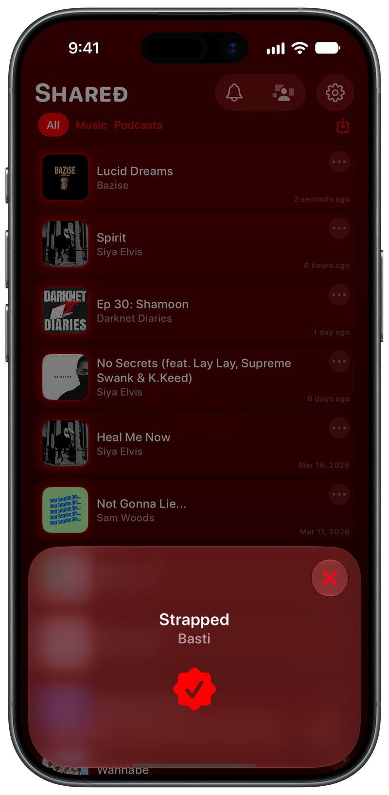 Shared on iPhone 17 showing Successful Match in the Red tint, dark appearance.