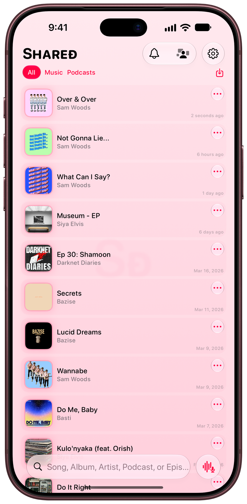 Shared on iPhone 18 Pro Max showing History in the Pink tint, light appearance.