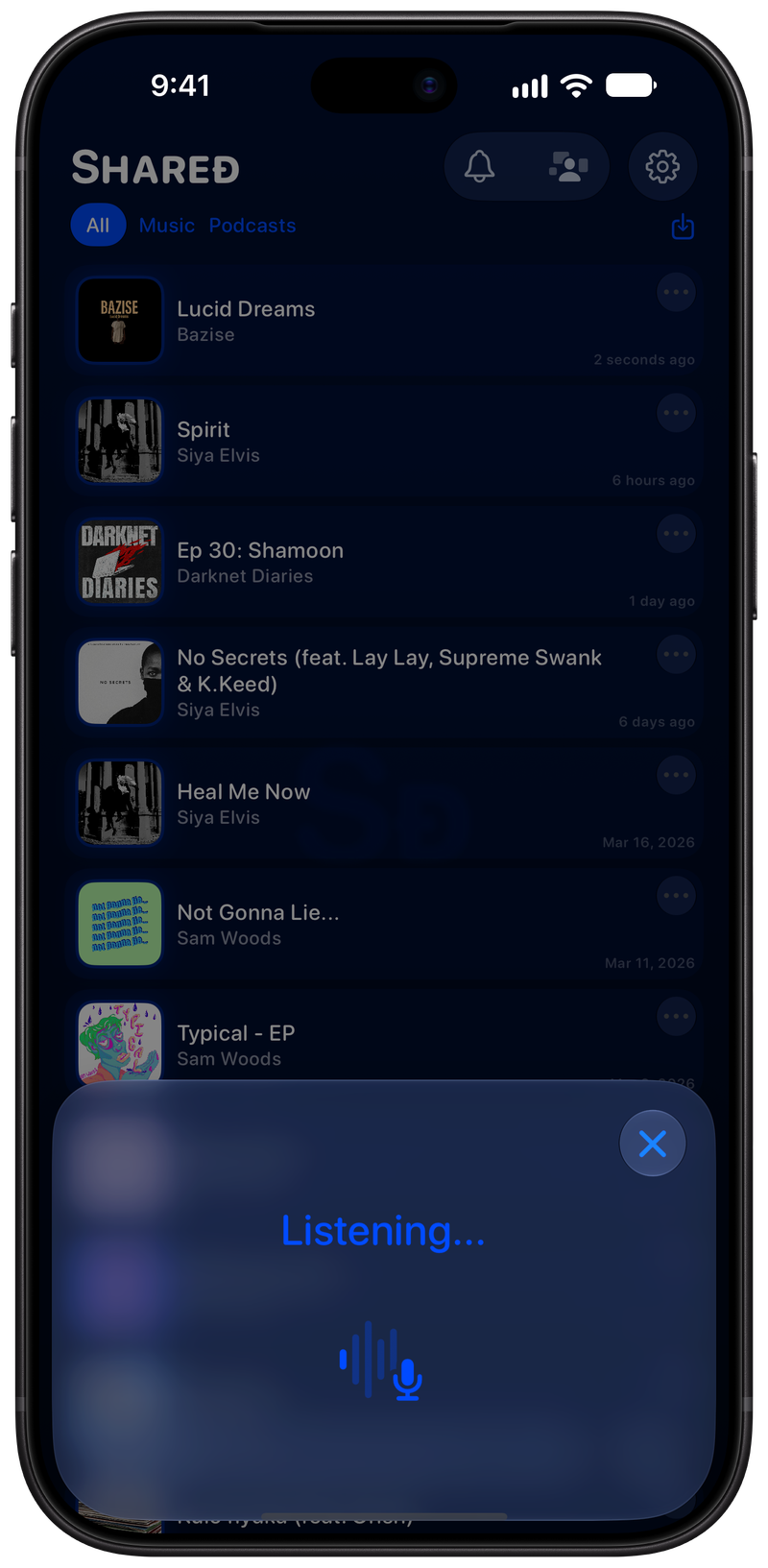 Shared on iPhone 18 Pro Max showing Identifying Song in the Blue tint, dark appearance.