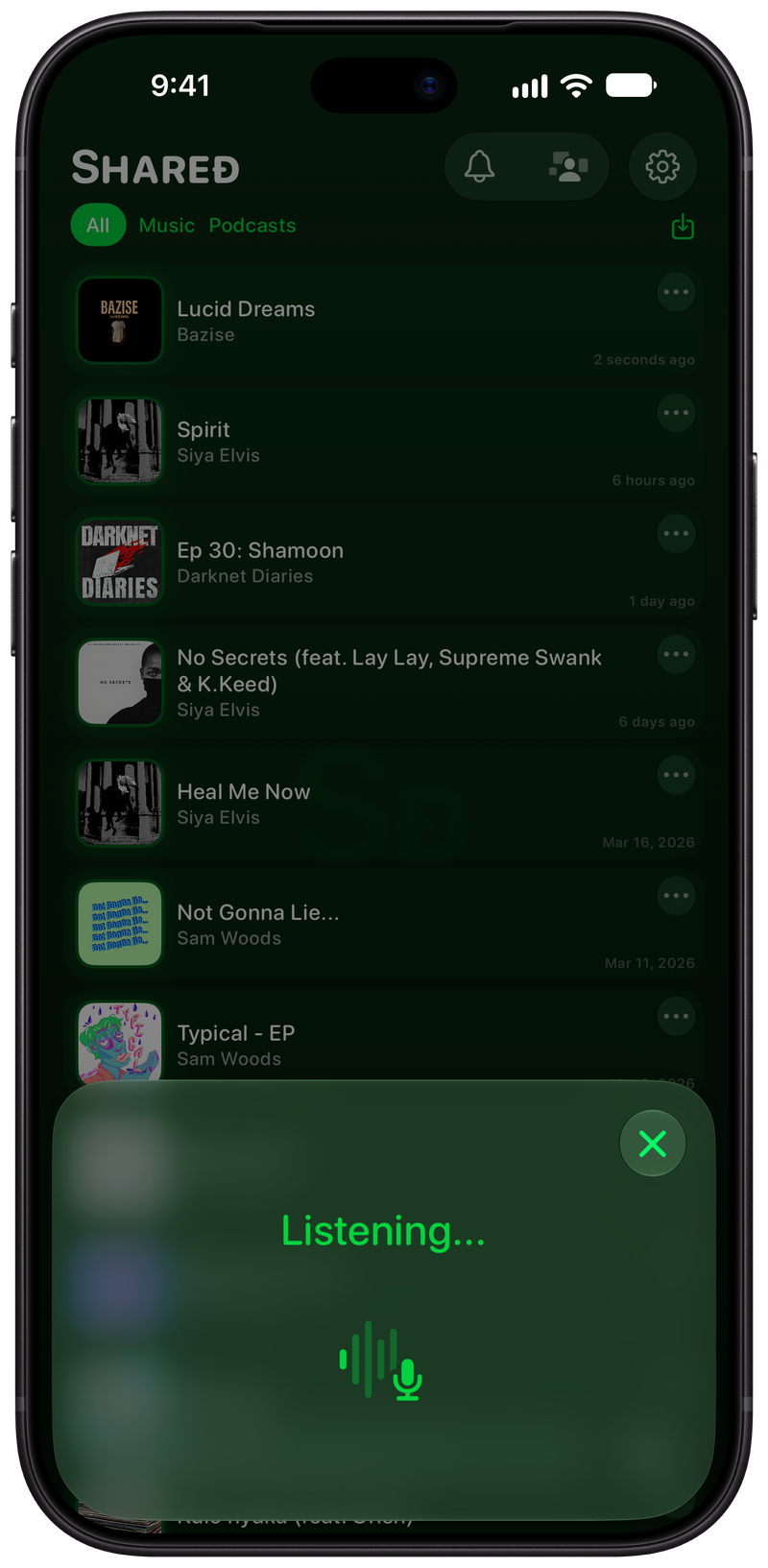 Shared on iPhone 18 Pro Max showing Identifying Song in the Green tint, dark appearance.