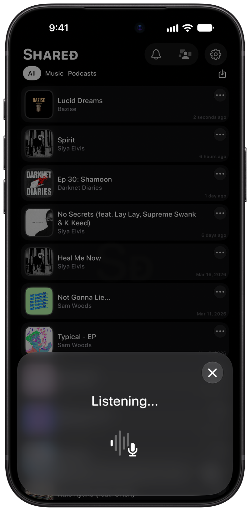 Shared on iPhone 18 Pro Max showing Identifying Song in the Grey tint, dark appearance.