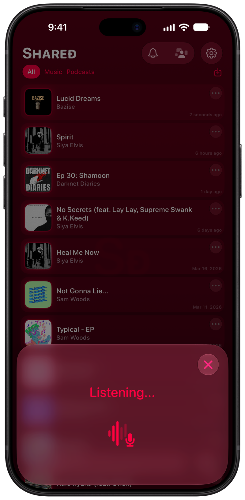 Shared on iPhone 18 Pro Max showing Identifying Song in the Pink tint, dark appearance.