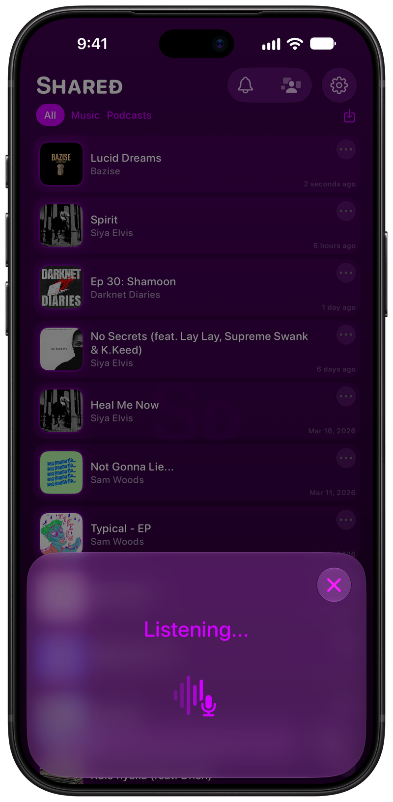 Shared on iPhone 18 Pro Max showing Identifying Song in the Purple tint, dark appearance.