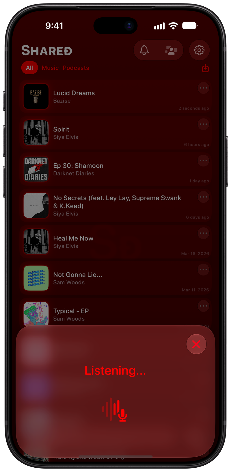 Shared on iPhone 18 Pro Max showing Identifying Song in the Red tint, dark appearance.