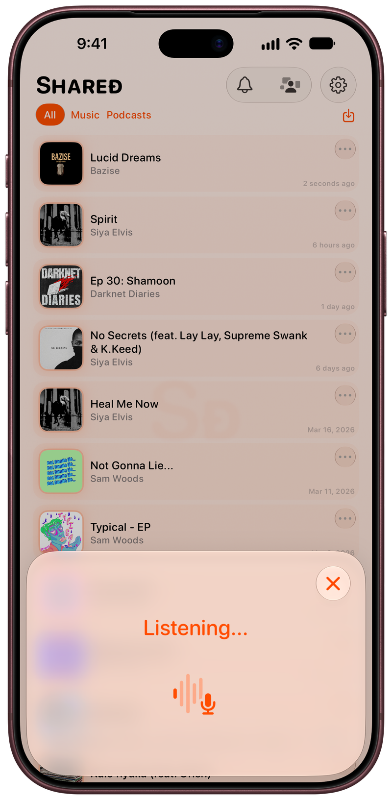 Shared on iPhone 18 Pro Max showing Identifying Song in the Orange tint, light appearance.