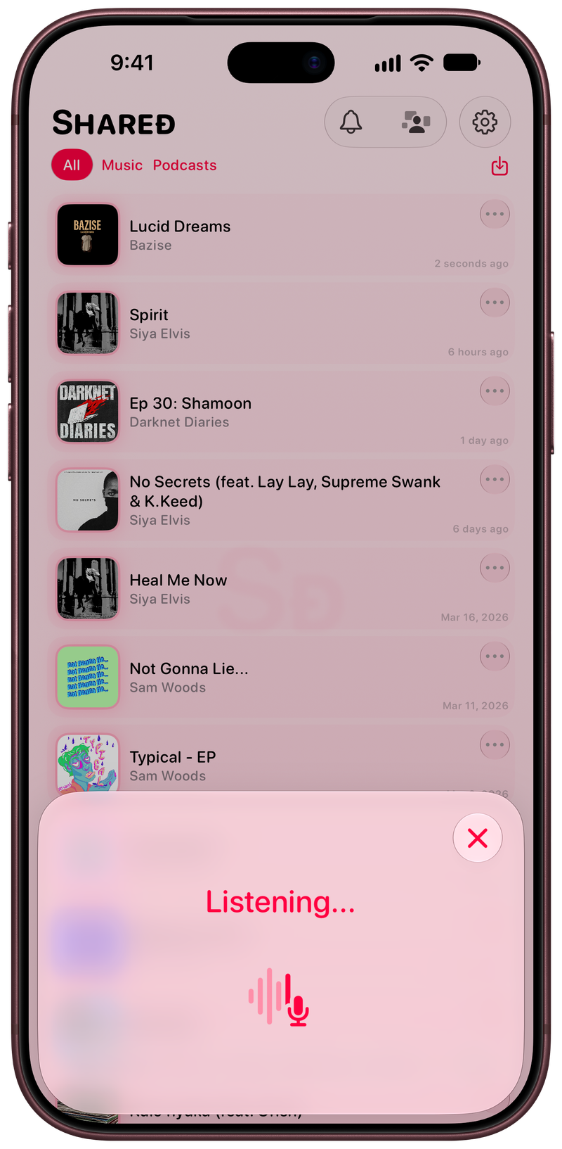 Shared on iPhone 18 Pro Max showing Identifying Song in the Pink tint, light appearance.