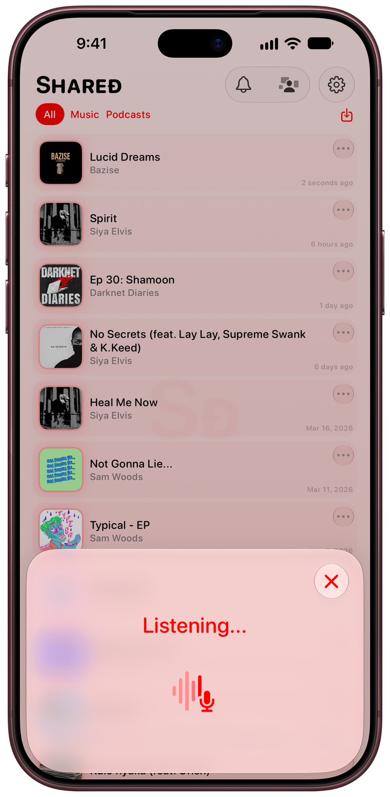 Shared on iPhone 18 Pro Max showing Identifying Song in the Red tint, light appearance.