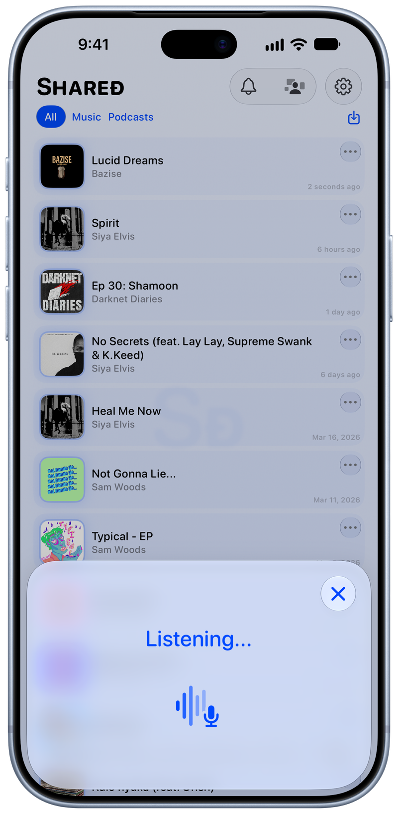 Shared on iPhone 18 Pro Max showing Identifying Song in the Blue tint, light appearance.