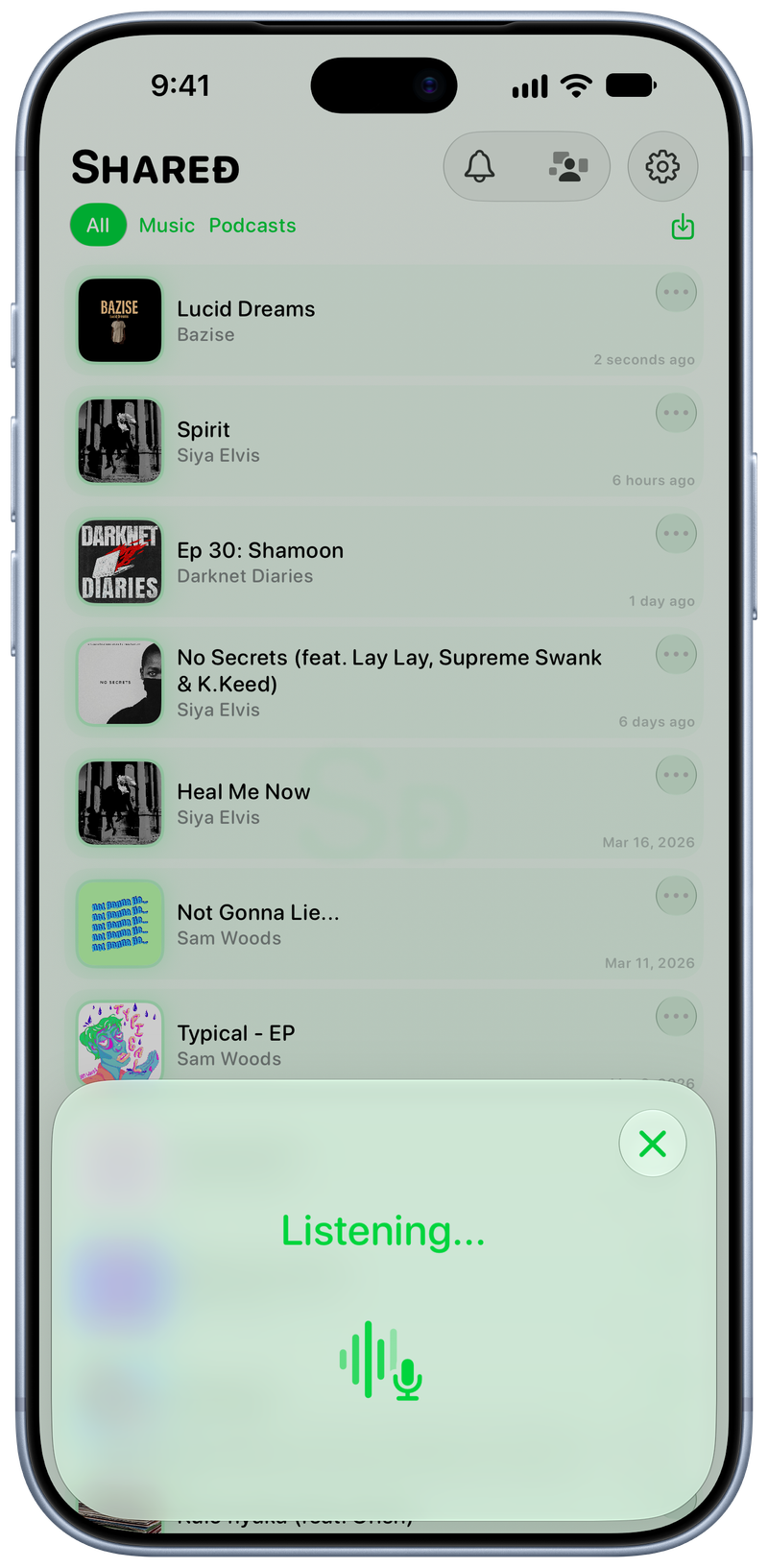 Shared on iPhone 18 Pro Max showing Identifying Song in the Green tint, light appearance.