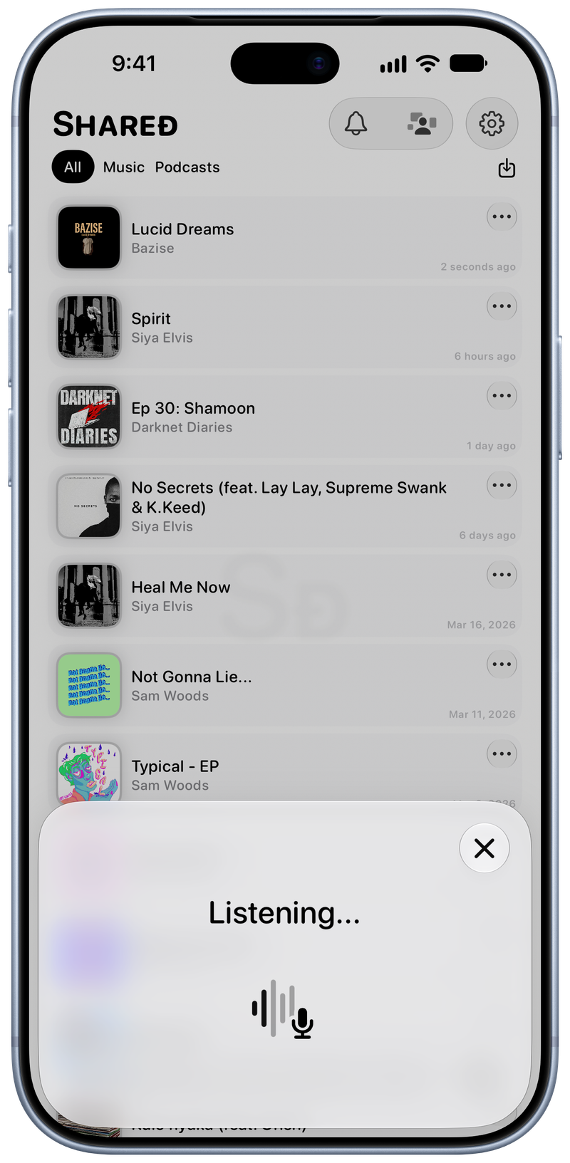 Shared on iPhone 18 Pro Max showing Identifying Song in the Grey tint, light appearance.