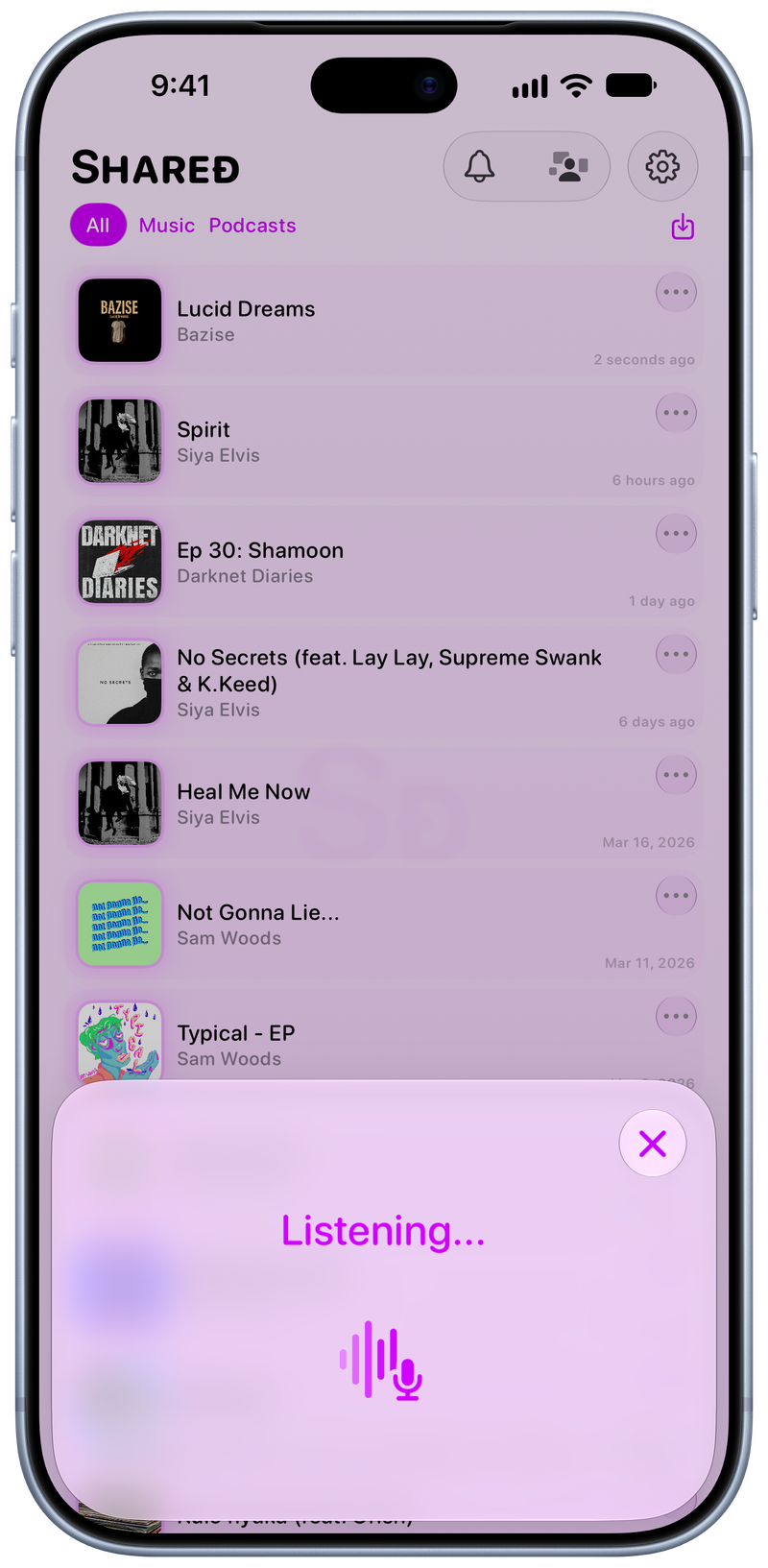 Shared on iPhone 18 Pro Max showing Identifying Song in the Purple tint, light appearance.