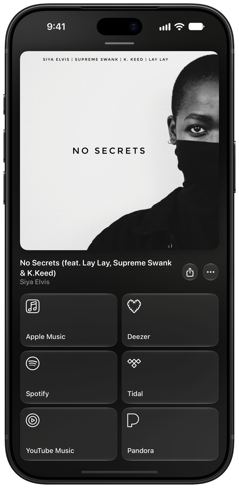 Shared on iPhone 18 Pro Max showing Media View for No Secrets (feat. Lay Lay, Supreme Swank & K.Keed), dark appearance.