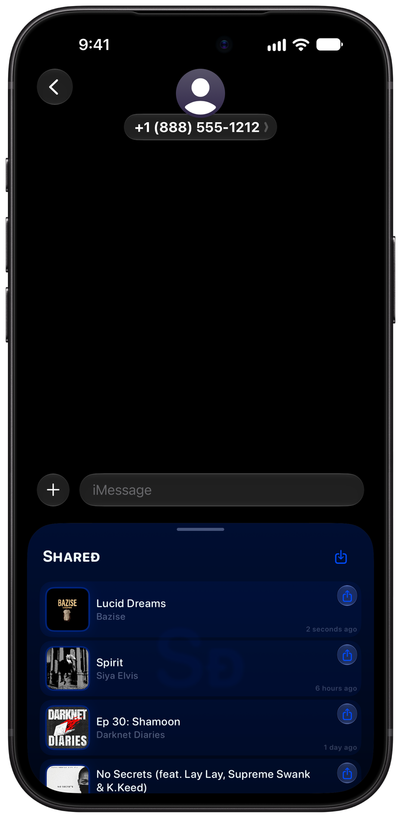 Shared on iPhone 18 Pro Max showing Shared in Messages in the Blue tint, dark appearance.
