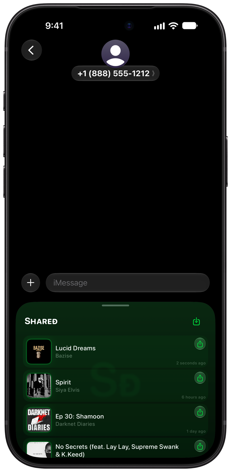 Shared on iPhone 18 Pro Max showing Shared in Messages in the Green tint, dark appearance.