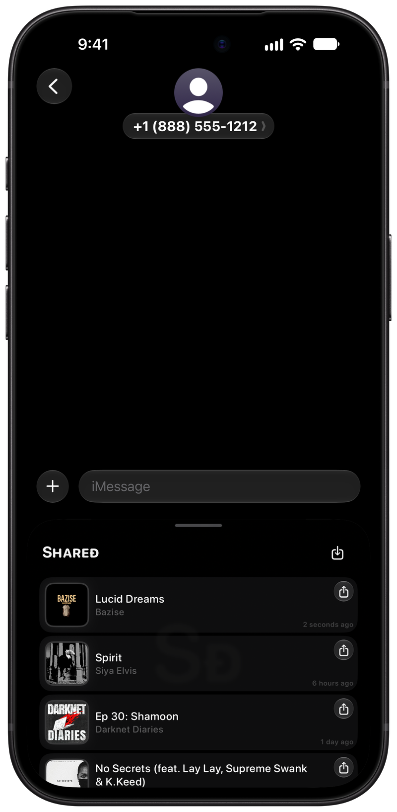 Shared on iPhone 18 Pro Max showing Shared in Messages in the Grey tint, dark appearance.