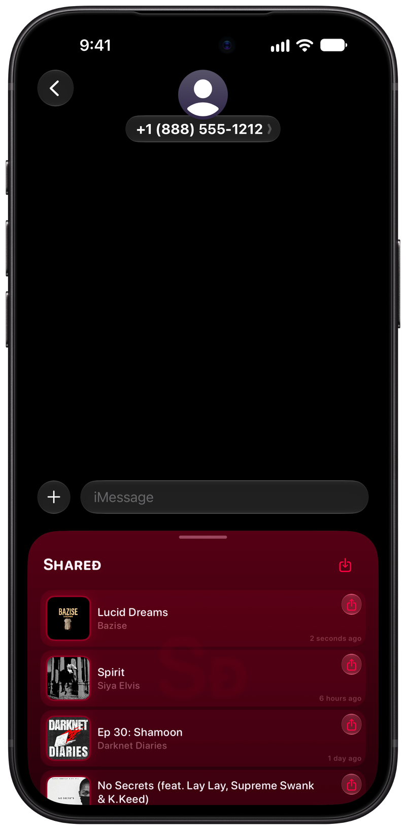 Shared on iPhone 18 Pro Max showing Shared in Messages in the Pink tint, dark appearance.