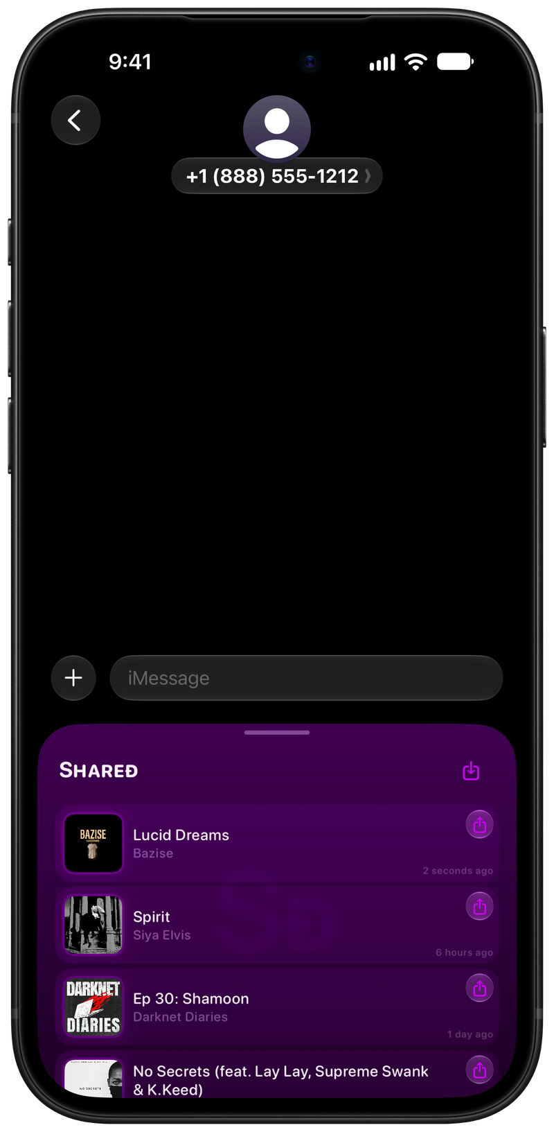 Shared on iPhone 18 Pro Max showing Shared in Messages in the Purple tint, dark appearance.