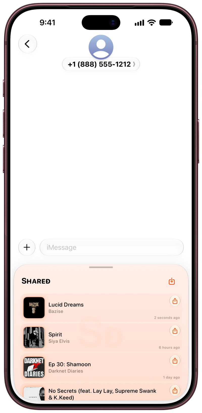 Shared on iPhone 18 Pro Max showing Shared in Messages in the Orange tint, light appearance.