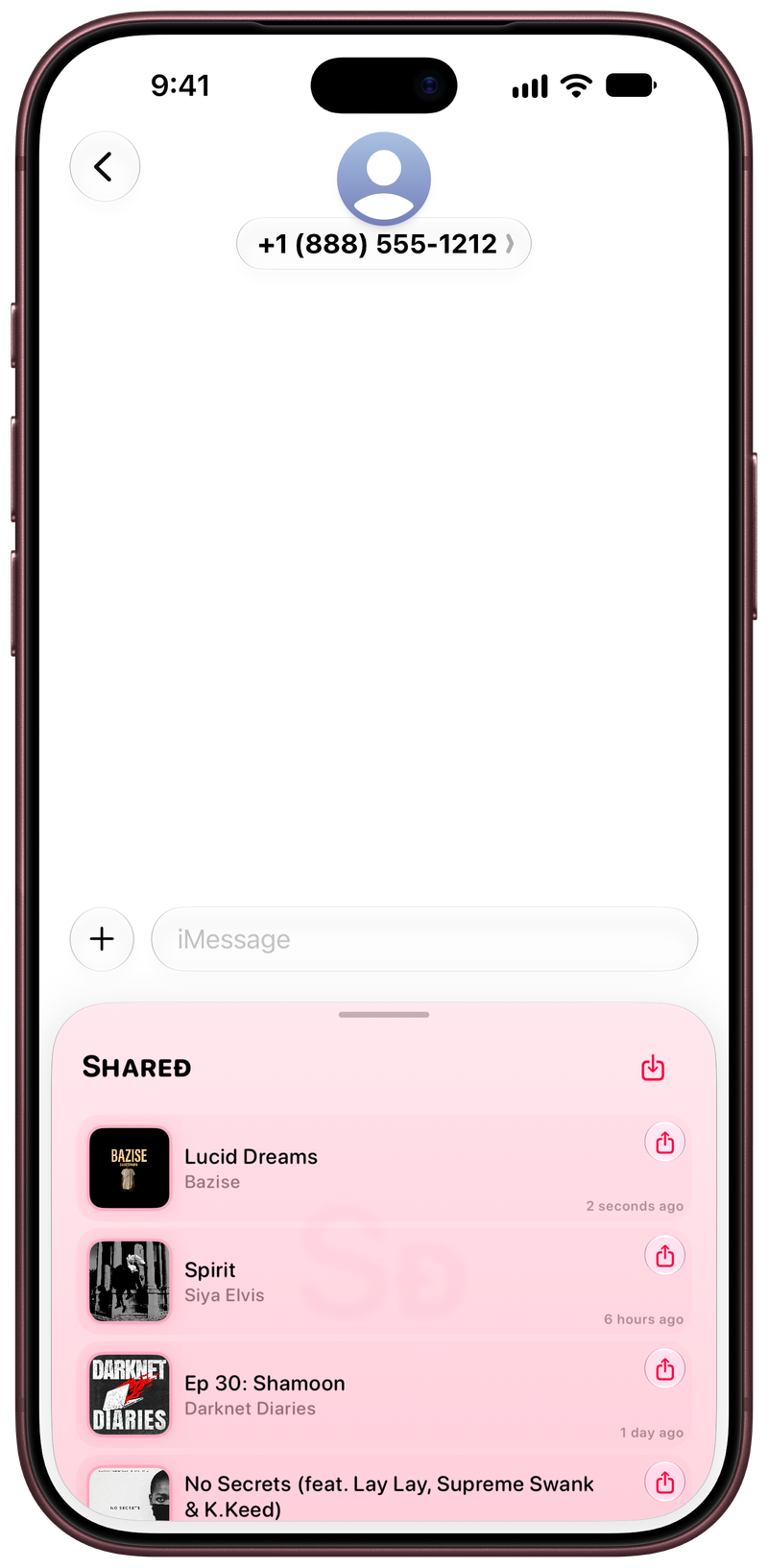 Shared on iPhone 18 Pro Max showing Shared in Messages in the Pink tint, light appearance.