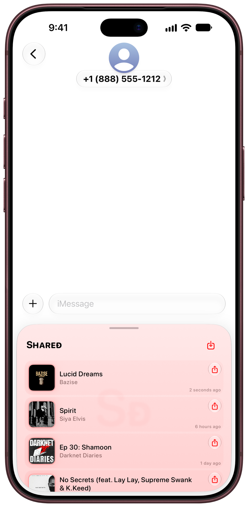Shared on iPhone 18 Pro Max showing Shared in Messages in the Red tint, light appearance.