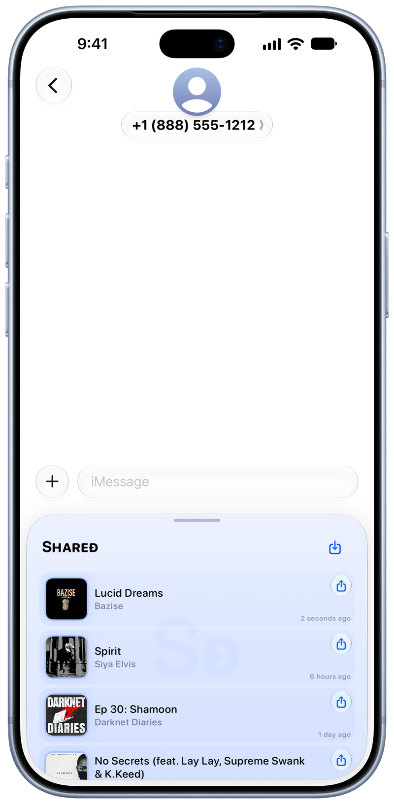 Shared on iPhone 18 Pro Max showing Shared in Messages in the Blue tint, light appearance.