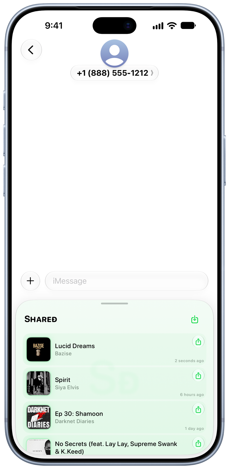 Shared on iPhone 18 Pro Max showing Shared in Messages in the Green tint, light appearance.