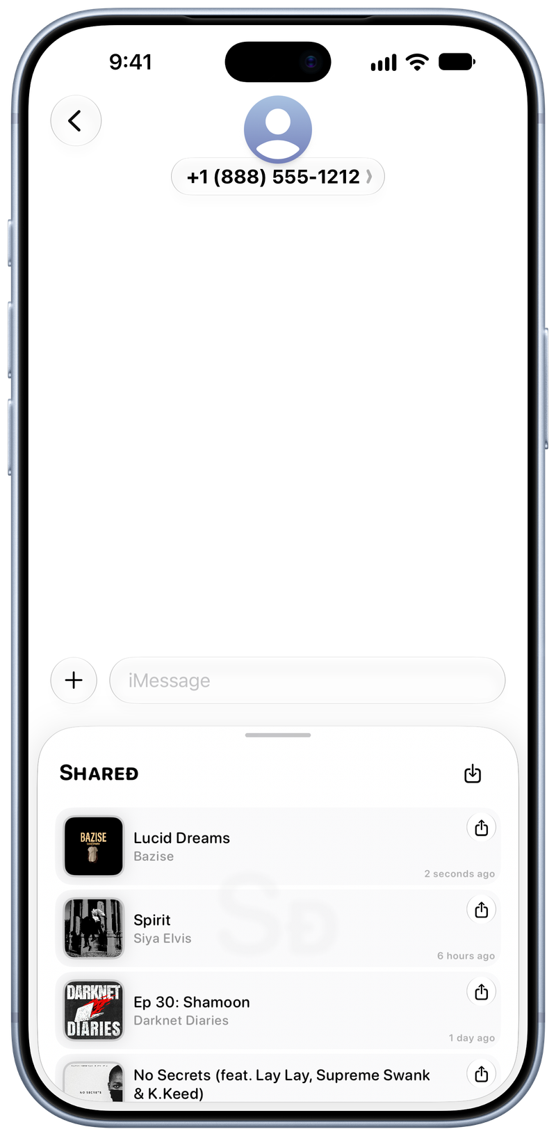 Shared on iPhone 18 Pro Max showing Shared in Messages in the Grey tint, light appearance.