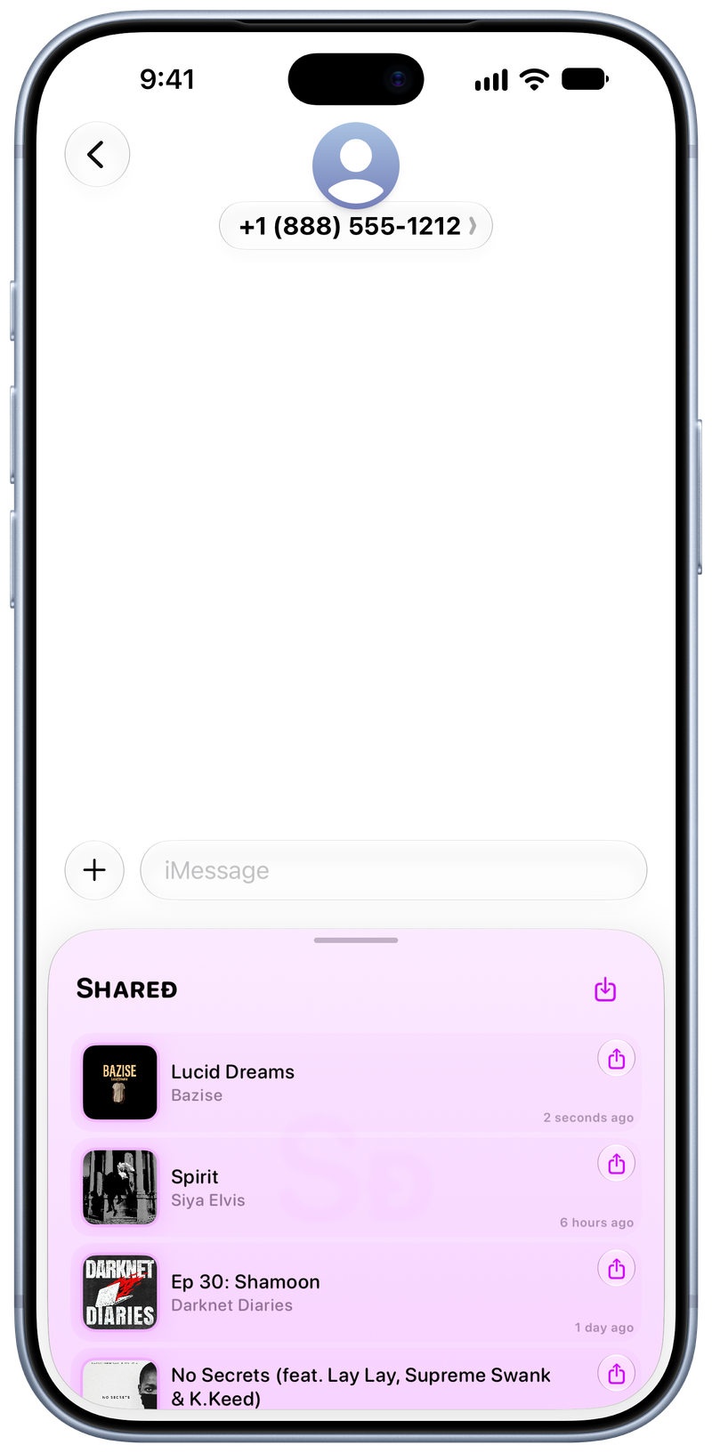 Shared on iPhone 18 Pro Max showing Shared in Messages in the Purple tint, light appearance.
