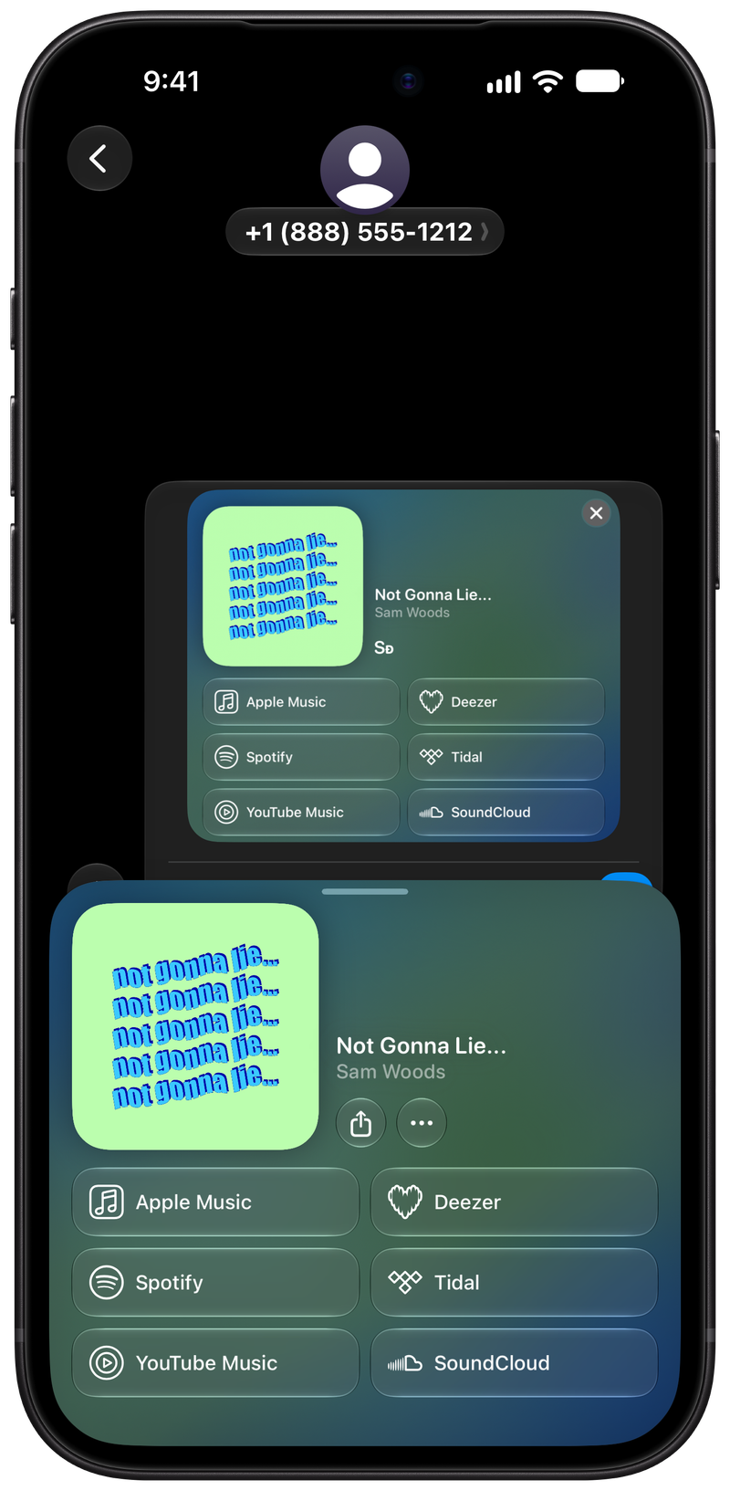 Shared on iPhone 18 Pro Max showing Share as Image in Messages for Not Gonna Lie..., dark appearance.