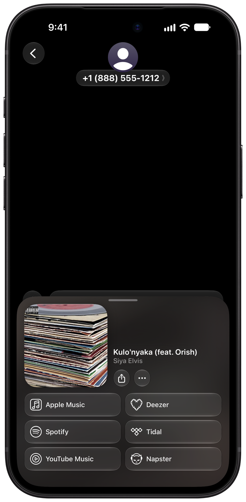 Shared on iPhone 18 Pro Max showing Open in Shared from Messages for Kulo'nyaka (feat. Orish), dark appearance.