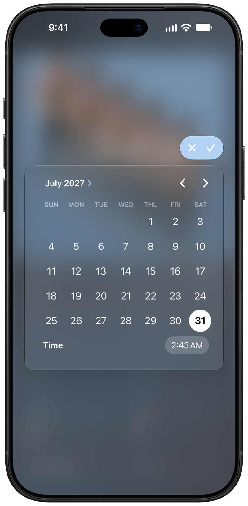 Shared on iPhone 18 Pro Max showing Reminder Picker in the Blue tint, dark appearance.