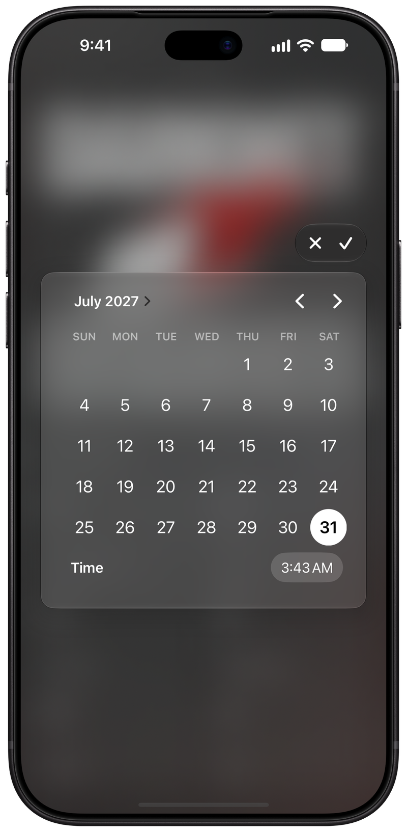 Shared on iPhone 18 Pro Max showing Reminder Picker in the Grey tint, dark appearance.