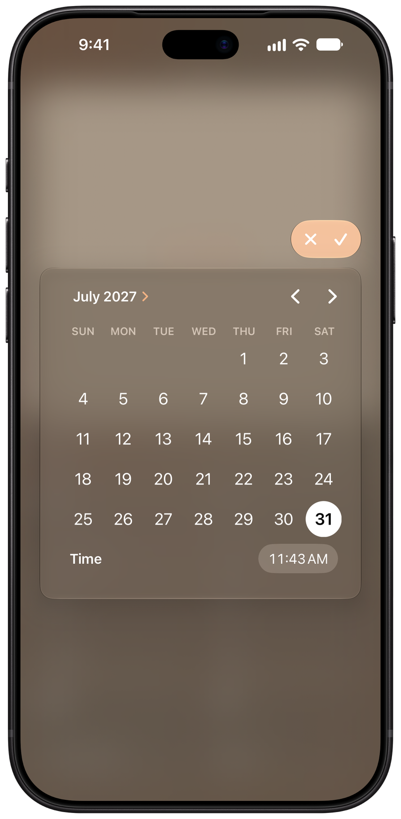 Shared on iPhone 18 Pro Max showing Reminder Picker in the Orange tint, dark appearance.